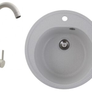 Chiuveta alba de bucatarie Elefant Premium, compozit granit + baterie