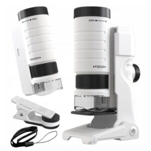 Microscop stiintific profesional portabil 200X, cu suport pentru telefon, LED si lumina UV